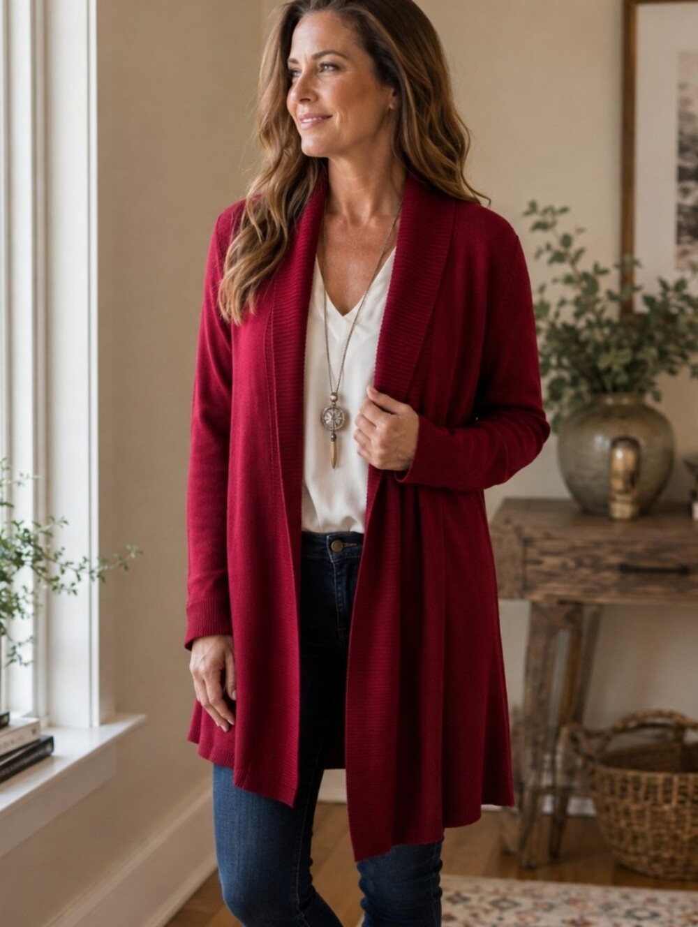 Philosophy Republic Clothing Burgundy Long Open Front Cardigan Shawl Collar